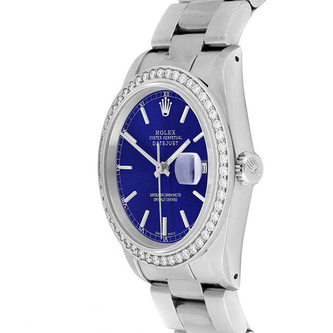 Rolex Datejust 36mm STAINLESS STEEL 16234 Blue Dial | Stick Hour Markers, 1.8ct Diamond Bezel