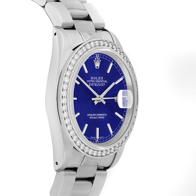 Rolex Datejust 36mm STAINLESS STEEL 16234 Blue Dial | Stick Hour Markers, 1.8ct Diamond Bezel