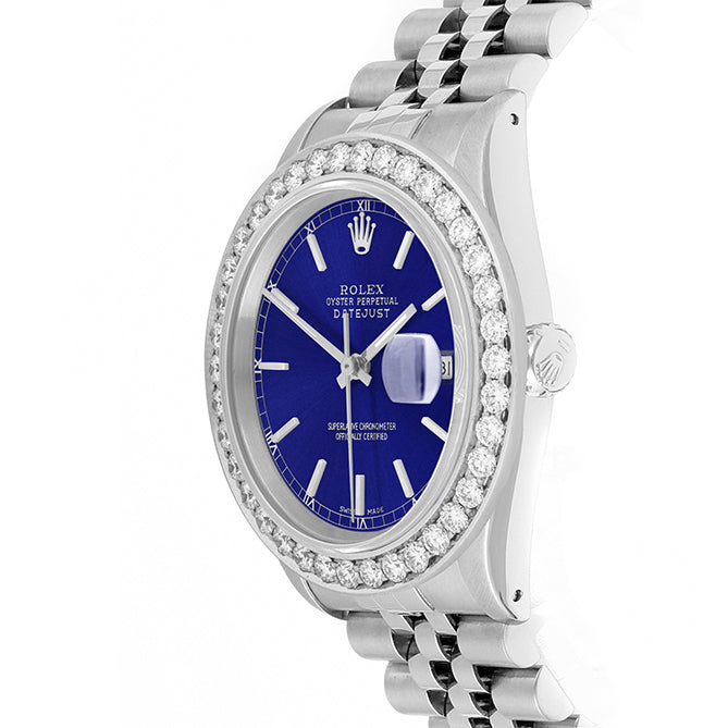 Rolex Datejust 36mm STAINLESS STEEL 16234 Blue Dial | Stick Hour Markers, 2.5ct Diamond Bezel