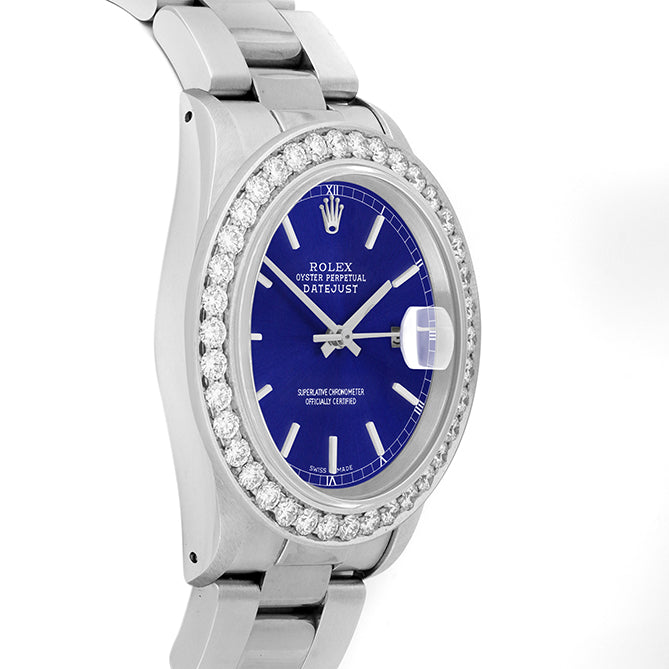 Rolex Datejust 36mm STAINLESS STEEL 16234 Blue Dial | Stick Hour Markers, 2.5 ct Diamond Bezel