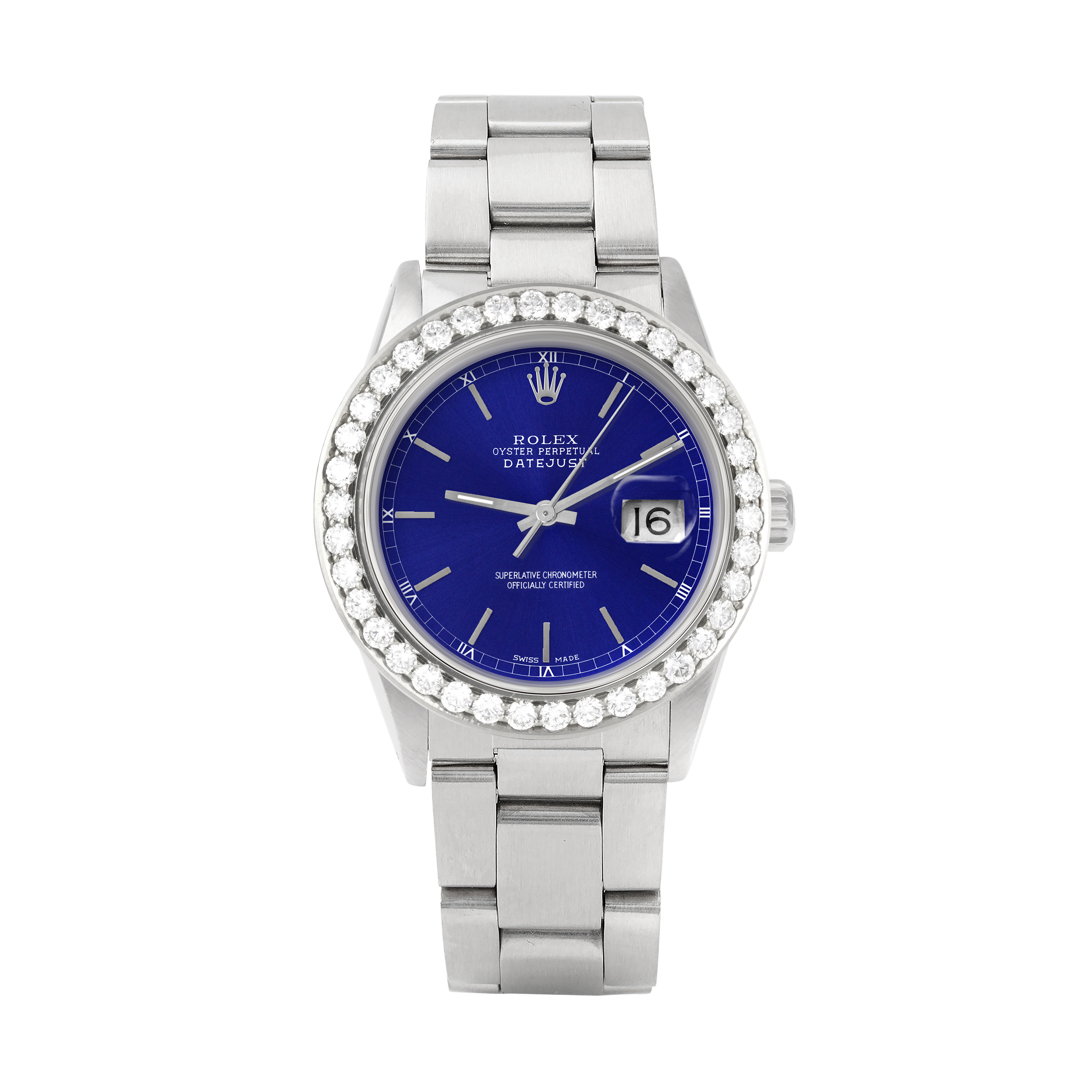 Rolex Datejust 36mm STAINLESS STEEL 16234 Blue Dial | Stick Hour Markers, 2.5 ct Diamond Bezel