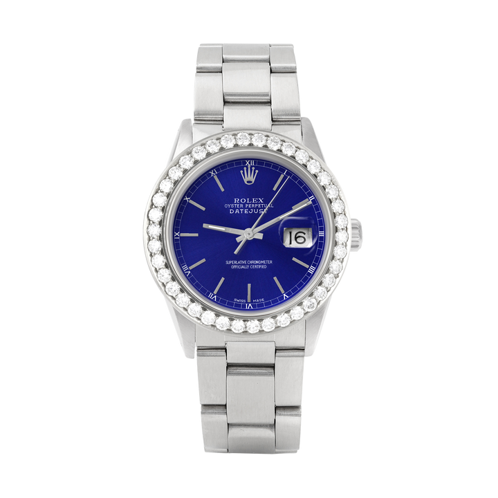 Rolex Datejust 36mm STAINLESS STEEL 16234 Blue Dial | Stick Hour Markers, 2.5 ct Diamond Bezel