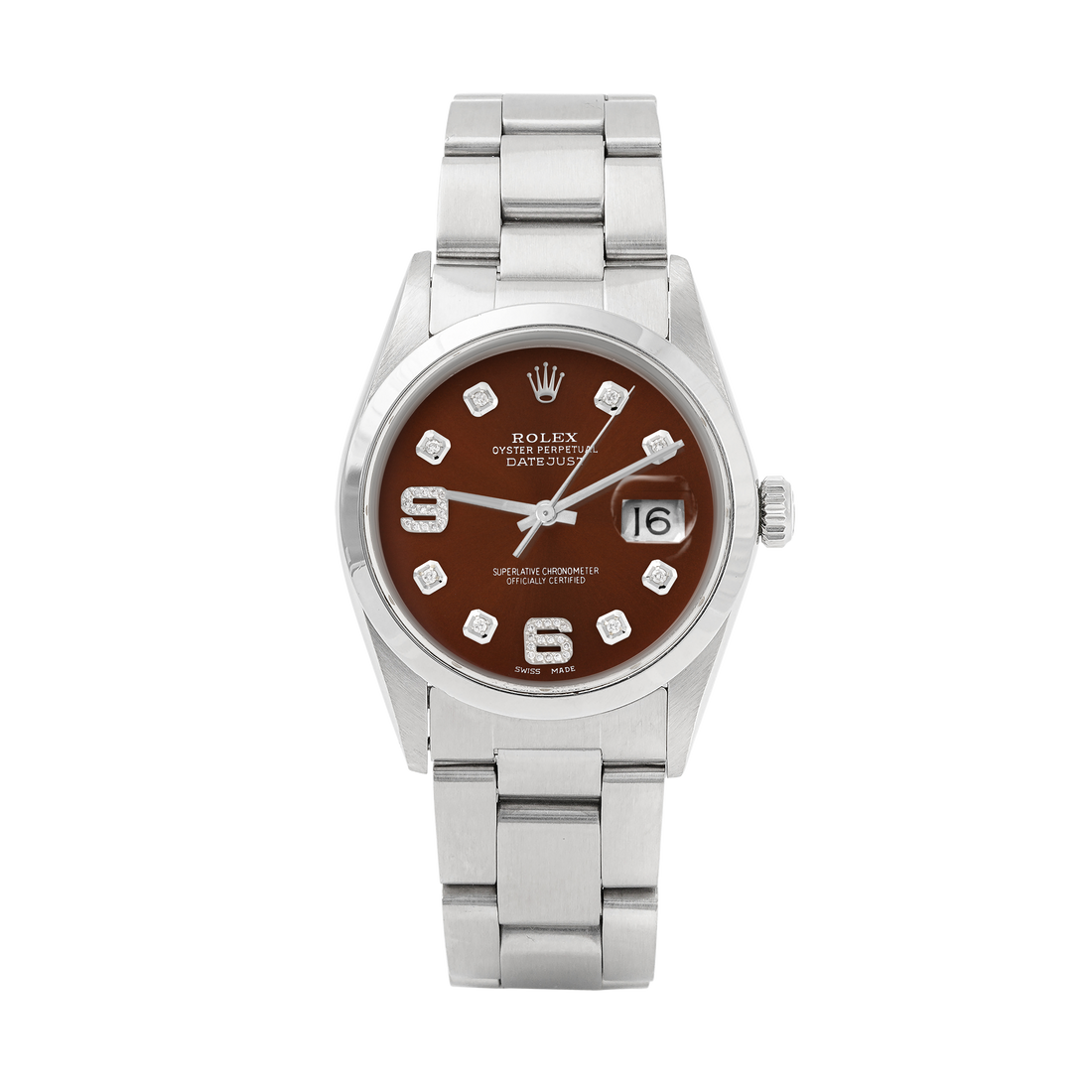 Rolex Datejust 36mm STAINLESS STEEL 16200 Brown Dial | 6&9 Diamond| Stainless Steel Smooth Bezel