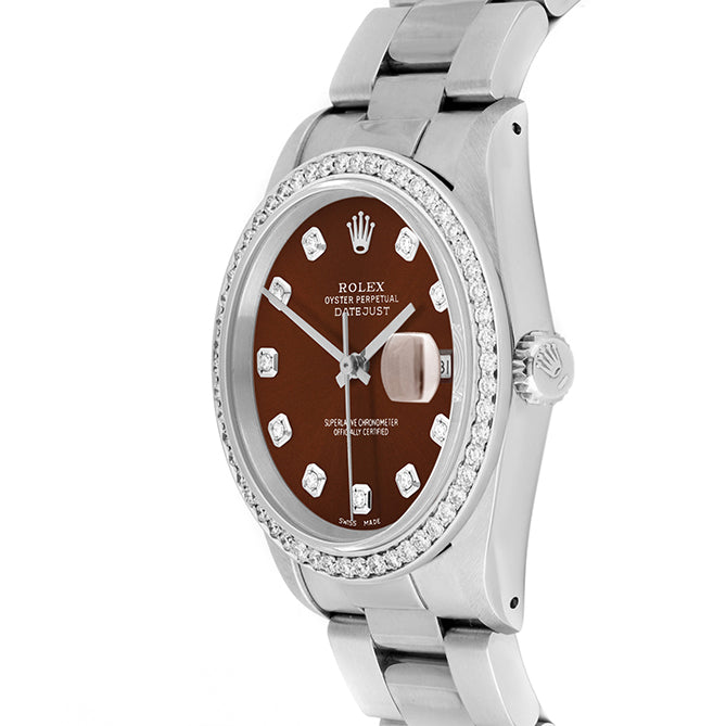 Rolex Datejust 36mm STAINLESS STEEL 16234 Brown Dial | Diamond Hour Markers, 1ct Diamond Bezel