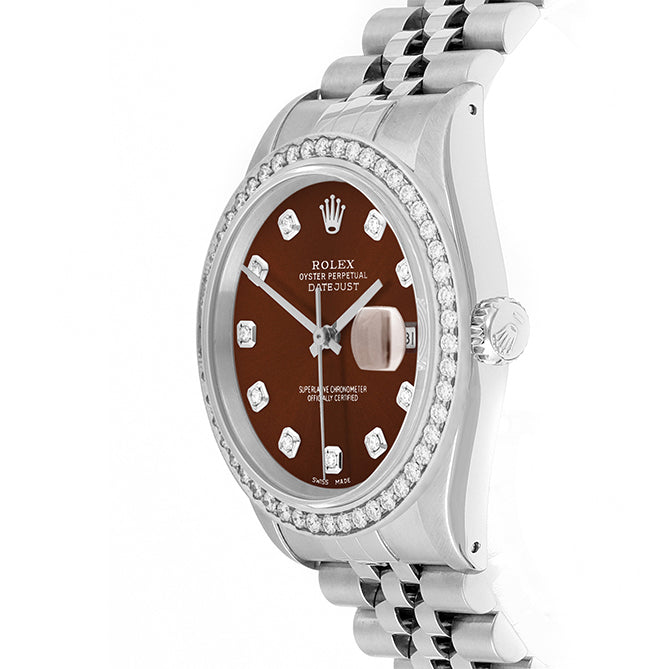Rolex Datejust 36mm STAINLESS STEEL 16234 Brown Dial | Diamond Hour Markers, 1.8 ct Diamond Bezel