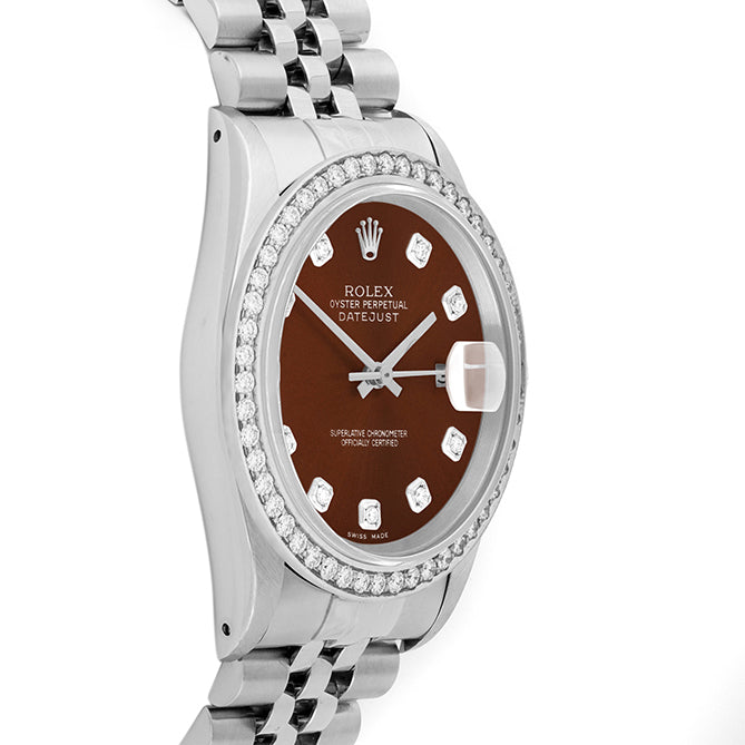 Rolex Datejust 36mm STAINLESS STEEL 16234 Brown Dial | Diamond Hour Markers, 1.8 ct Diamond Bezel