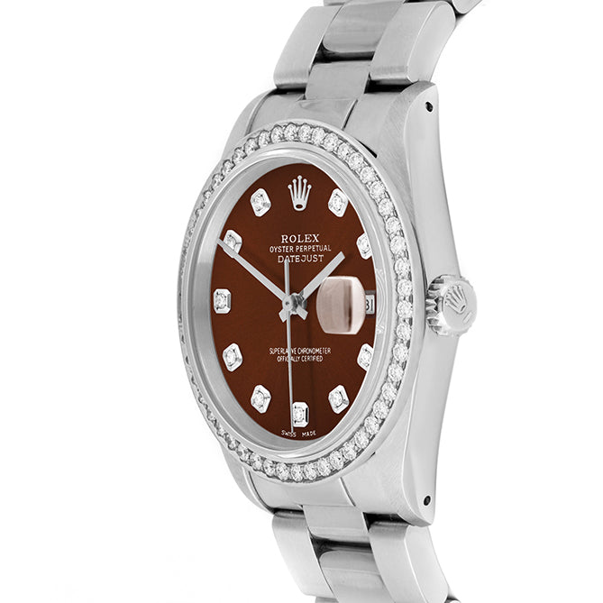 Rolex Datejust 36mm STAINLESS STEEL 16234 Brown Dial | Diamond Hour Markers, 1.8 ct Diamond Bezel