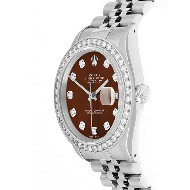 Rolex Datejust 36mm STAINLESS STEEL 16234 Brown Dial | Diamond Hour Markers, 2 ct Diamond Bezel