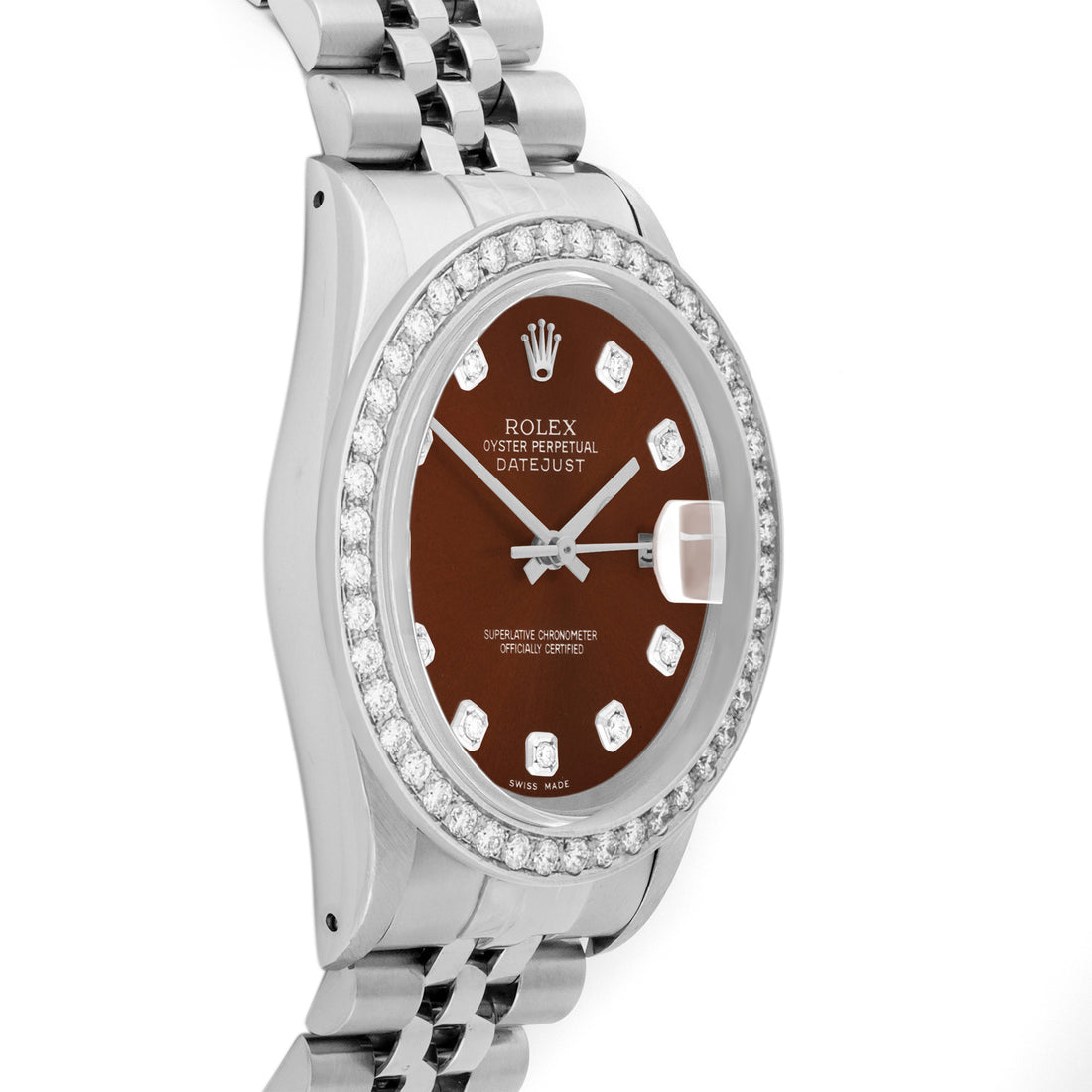 Rolex Datejust 36mm STAINLESS STEEL 16234 Brown Dial | Diamond Hour Markers, 2 ct Diamond Bezel