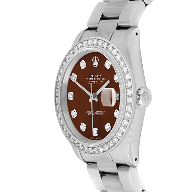 Rolex Datejust 36mm STAINLESS STEEL 16234 Brown Dial | Diamond Hour Markers, 2 ct Diamond Bezel