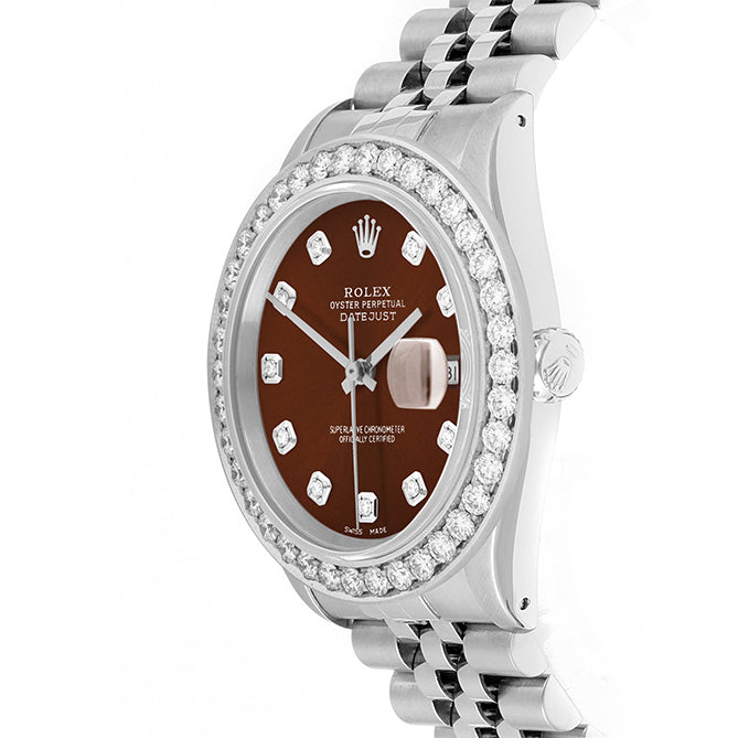 Rolex Datejust 36mm STAINLESS STEEL 16234 Brown Dial | Diamond Hour Markers, 2.5 ct Diamond Bezel