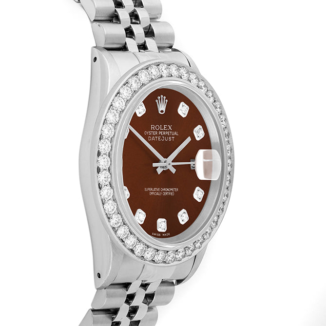 Rolex Datejust 36mm STAINLESS STEEL 16234 Brown  Dial | Diamond Hour Markers | 2.5 ct Diamond Bezel