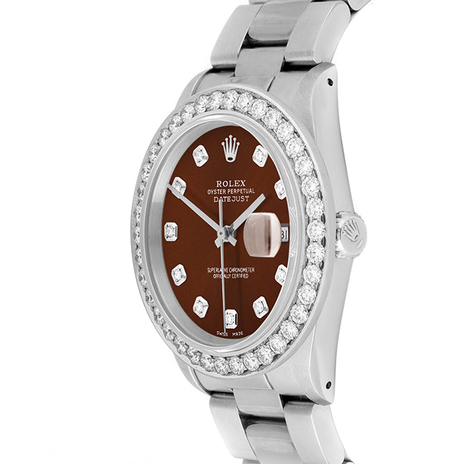 Rolex Datejust 36mm STAINLESS STEEL 16234 Brown  Dial | Diamond Hour Markers | 2.5 ct Diamond Bezel
