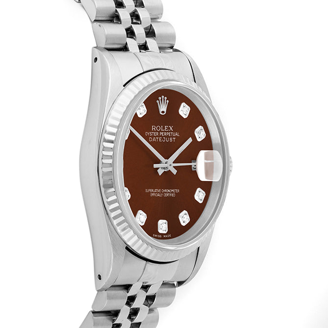 Rolex Datejust 36mm STAINLESS STEEL 16234 Brown  Dial | Diamond Hour Markers | Fluted Bezel