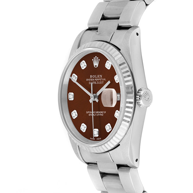 Rolex Datejust 36mm STAINLESS STEEL 16234 Brown Dial | Diamond Hour Markers | Fluted Bezel