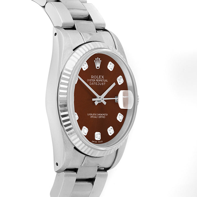 Rolex Datejust 36mm STAINLESS STEEL 16234 Brown Dial | Diamond Hour Markers | Fluted Bezel