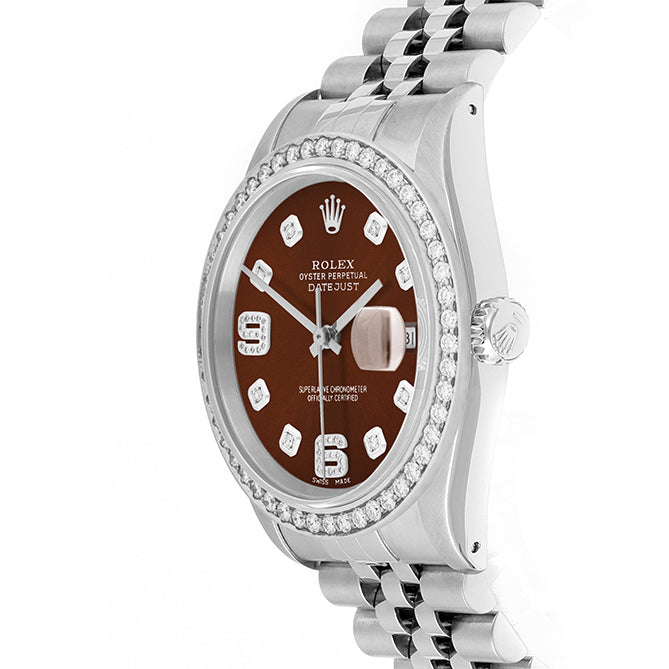 Rolex Datejust 36mm STAINLESS STEEL 16234 Brown Dial | 6&9 Diamond |Diamond Hour Markers | 1.8 ct Diamond Bezel
