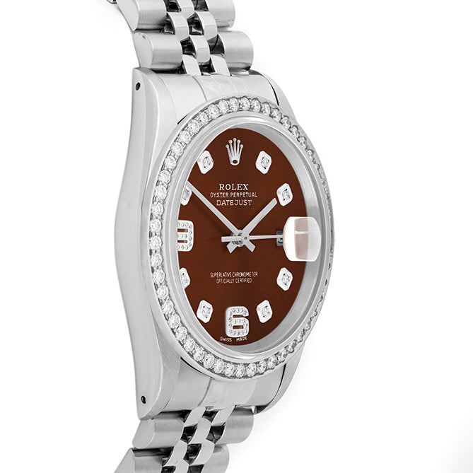 Rolex Datejust 36mm STAINLESS STEEL 16234 Brown Dial | 6&9 Diamond |Diamond Hour Markers | 1.8 ct Diamond Bezel