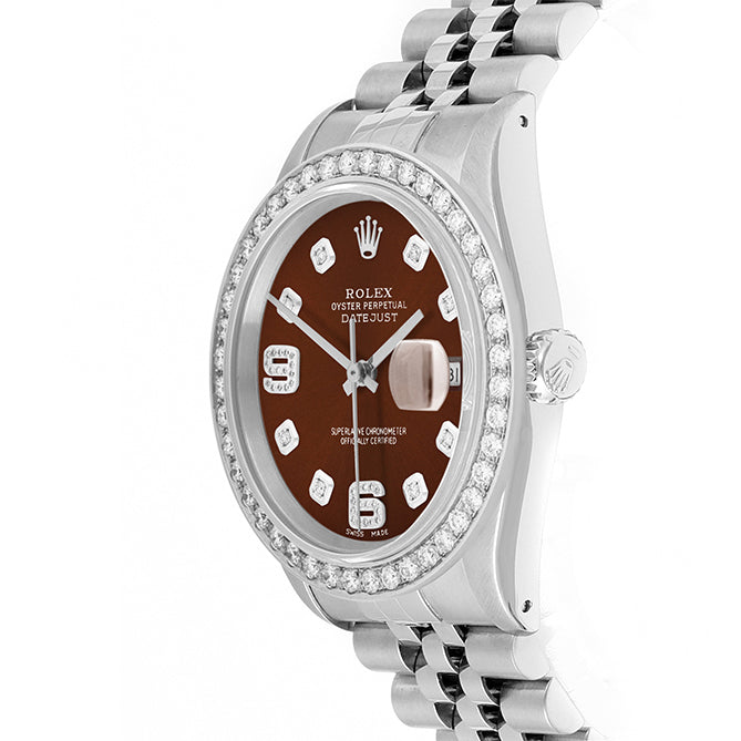 Rolex Datejust 36mm STAINLESS STEEL 16234 Brown Dial | 6&9 Diamond Hour Markers | 2 ct Diamond Bezel