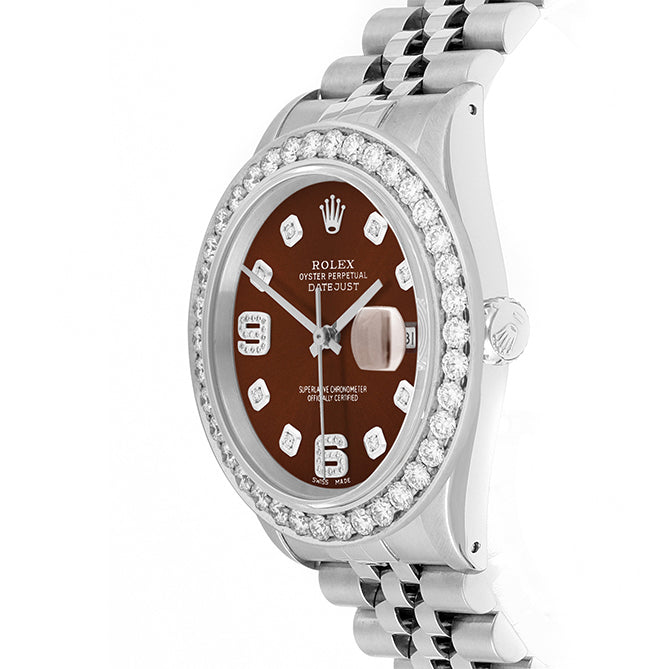 Rolex Datejust 36mm STAINLESS STEEL 16234 Brown  Dial |6&9 Diamond Hour Markers | 2.5 ct Diamond Bezel