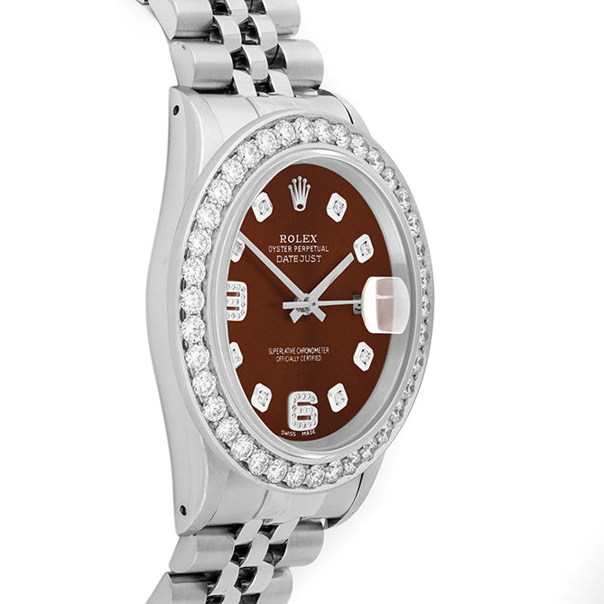 Rolex Datejust 36mm STAINLESS STEEL 16234 Brown  Dial |6&9 Diamond Hour Markers | 2.5 ct Diamond Bezel