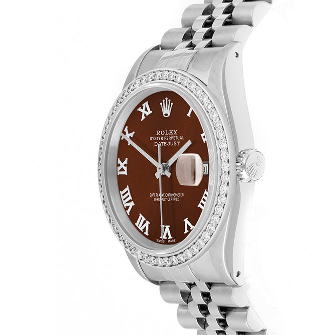 Rolex Datejust 36mm STAINLESS STEEL 16234 Brown Dial | Roman Hour Markers | 1 ct Diamond Bezel