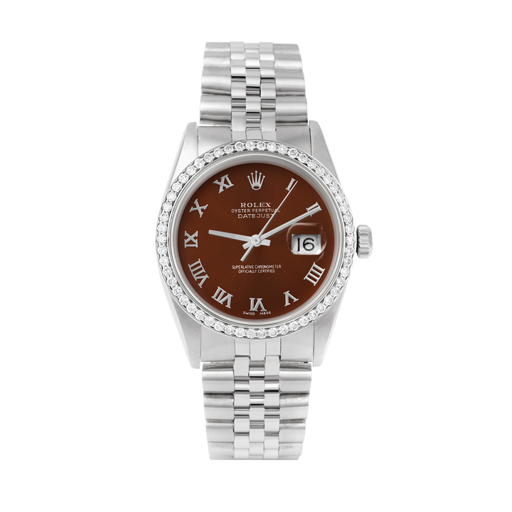 Rolex Datejust 36mm STAINLESS STEEL 16234 Brown Dial | Roman Hour Markers | 1 ct Diamond Bezel