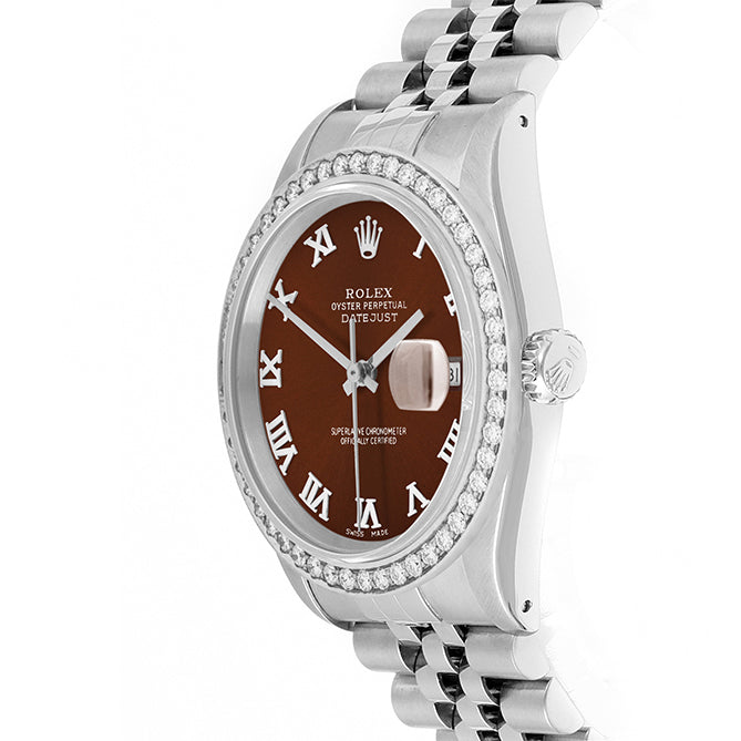 Rolex Datejust 36mm STAINLESS STEEL 16234 BROWN DIAL | Roman Hour Markers, 1.8ct Diamond Bezel
