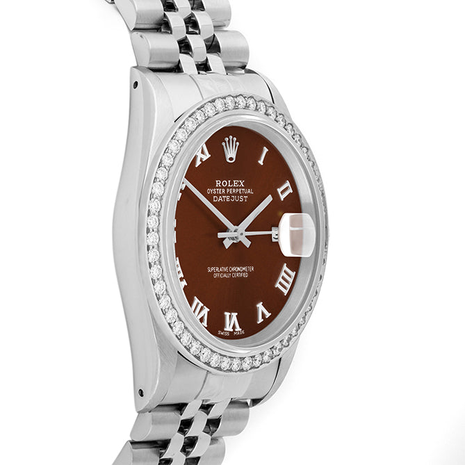 Rolex Datejust 36mm STAINLESS STEEL 16234 BROWN DIAL | Roman Hour Markers, 1.8ct Diamond Bezel