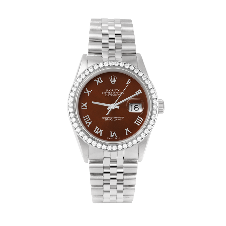 Rolex Datejust 36mm STAINLESS STEEL 16234 BROWN DIAL | Roman Hour Markers, 1.8ct Diamond Bezel
