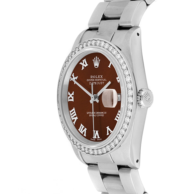 Rolex Datejust 36mm STAINLESS STEEL 16234 BROWN DIAL | Roman Hour Markers, 1.8 ct Diamond Bezel