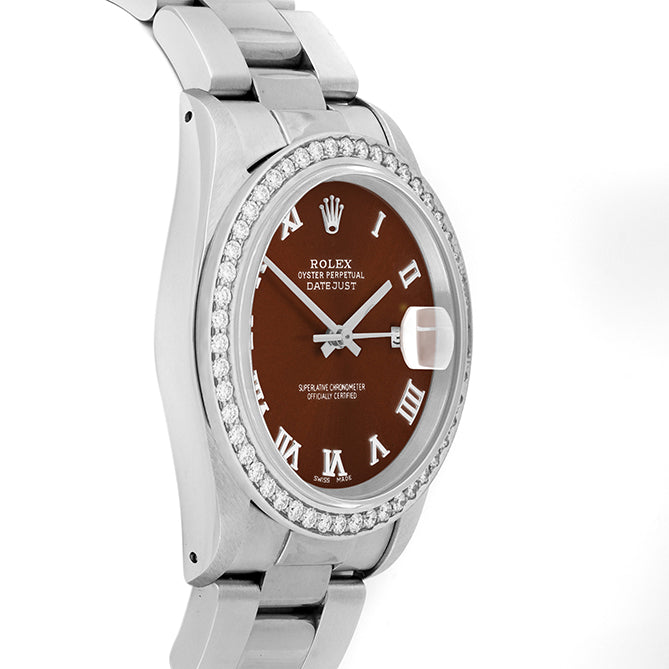 Rolex Datejust 36mm STAINLESS STEEL 16234 BROWN DIAL | Roman Hour Markers, 1.8 ct Diamond Bezel