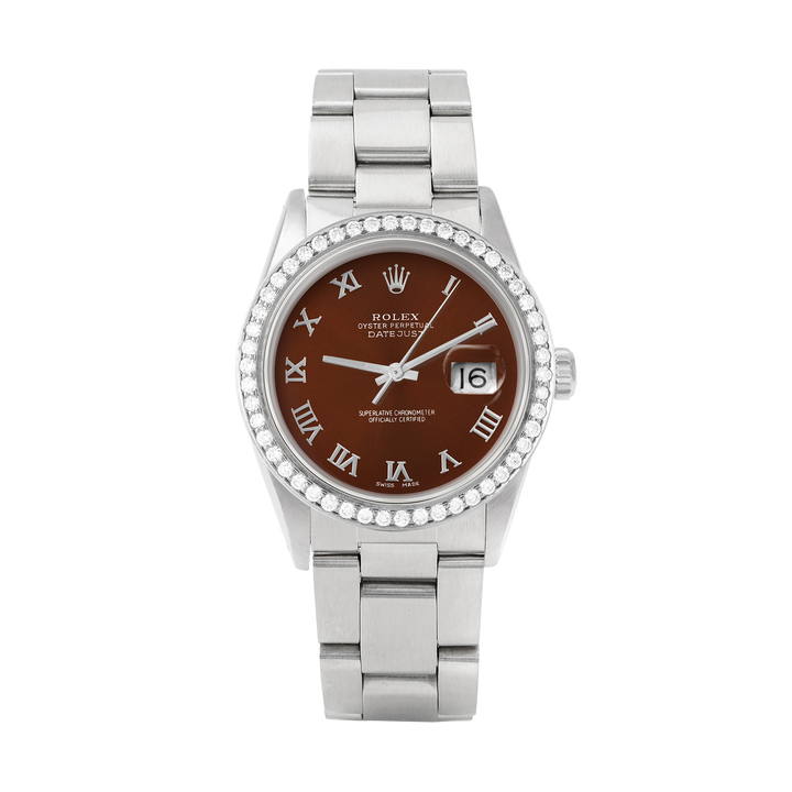 Rolex Datejust 36mm STAINLESS STEEL 16234 BROWN DIAL | Roman Hour Markers, 1.8 ct Diamond Bezel
