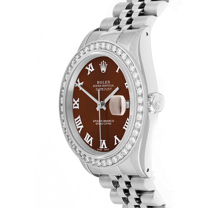 Rolex Datejust 36mm STAINLESS STEEL 16234 Brown Dial | Roman Hour Markers, 2 ct Diamond Bezel
