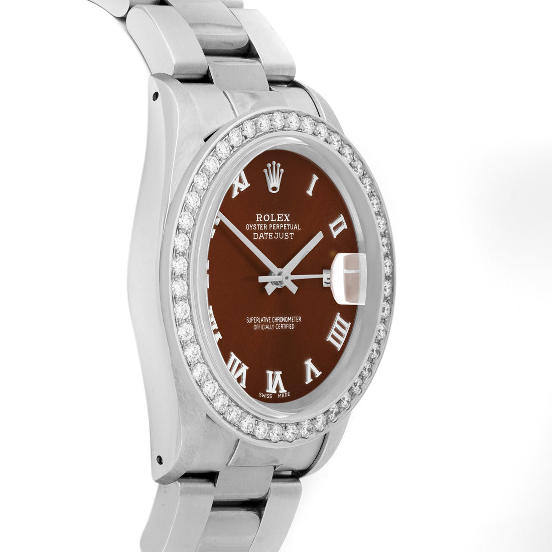 Rolex Datejust 36mm STAINLESS STEEL 16234 Brown Dial | Roman Hour Markers, 2 ct Diamond Bezel