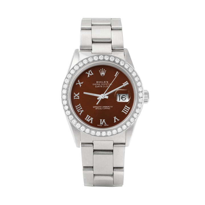 Rolex Datejust 36mm STAINLESS STEEL 16234 Brown Dial | Roman Hour Markers, 2 ct Diamond Bezel