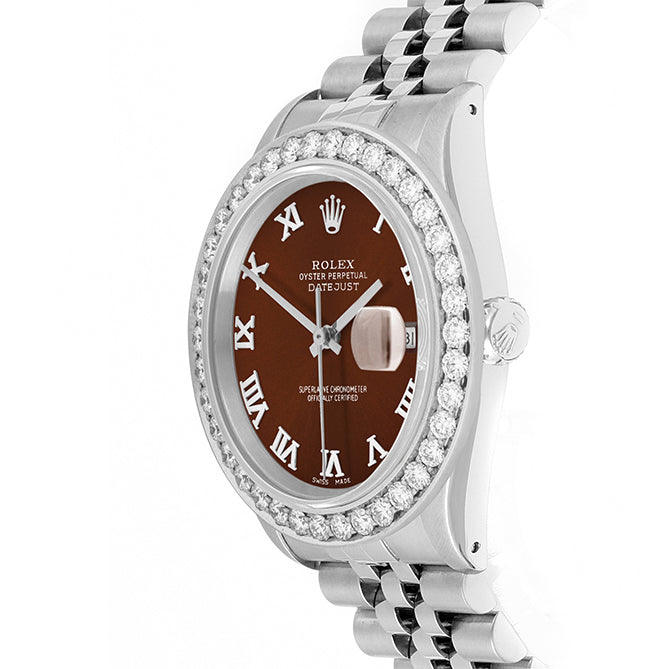 Rolex Datejust 36mm STAINLESS STEEL 16234 Brown Dial | Roman Hour Markers | 2.5 ct Diamond Bezel