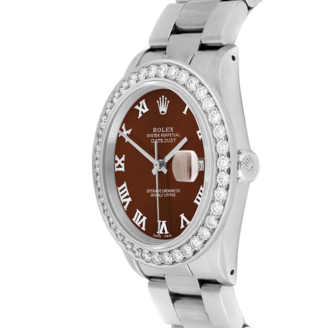 Rolex Datejust 36mm STAINLESS STEEL 16234 Brown Dial | Roman Hour Markers | 2.5 ct Diamond Bezel