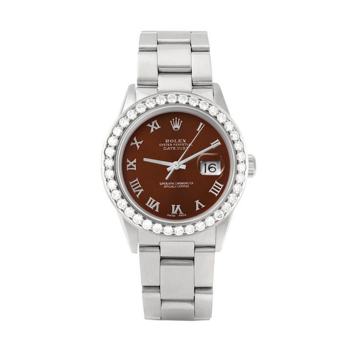 Rolex Datejust 36mm STAINLESS STEEL 16234 Brown Dial | Roman Hour Markers | 2.5 ct Diamond Bezel