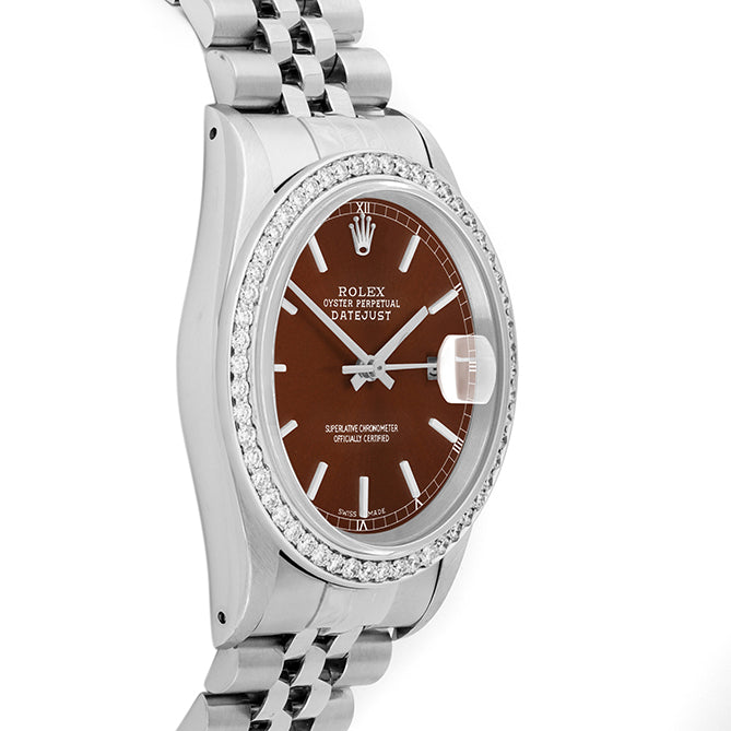 Rolex Datejust 36mm STAINLESS STEEL 16234 Brown Dial | Sticks Hour Markers, 1 ct Diamond Bezel