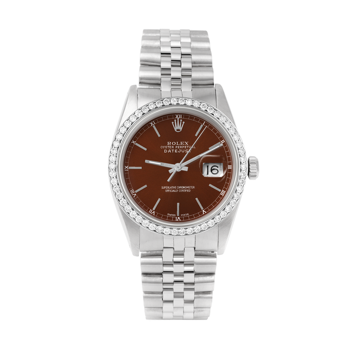 Rolex Datejust 36mm STAINLESS STEEL 16234 Brown Dial | Sticks Hour Markers, 1 ct Diamond Bezel