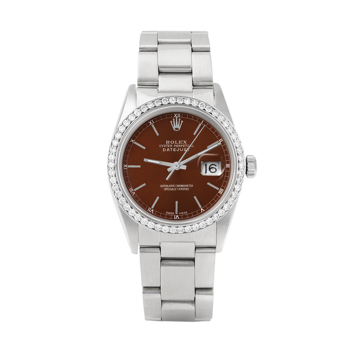 Rolex Datejust 36mm STAINLESS STEEL 16234 Brown Dial | Sticks Hour Markers, 1 ct Diamond Bezel
