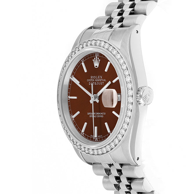 Rolex Datejust 36mm STAINLESS STEEL 16234 Brown Dial | Stick Hour Markers | 1.8 ct Diamond Bezel
