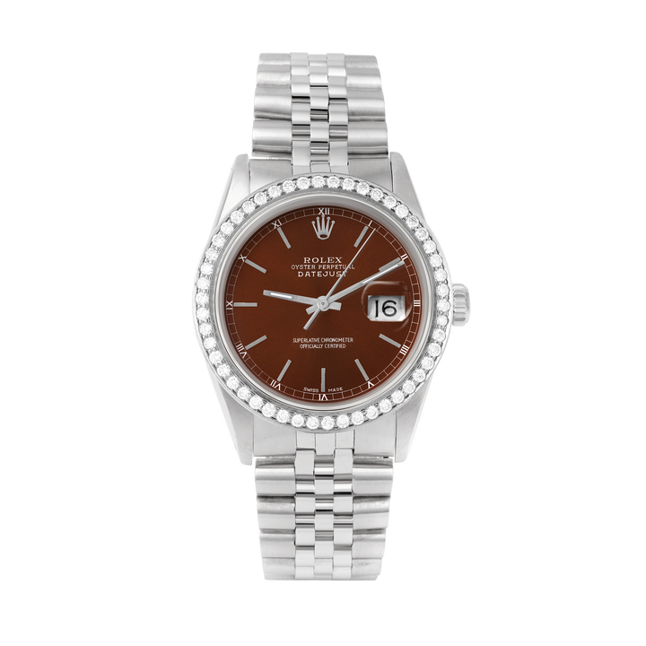 Rolex Datejust 36mm STAINLESS STEEL 16234 Brown Dial | Stick Hour Markers | 1.8 ct Diamond Bezel