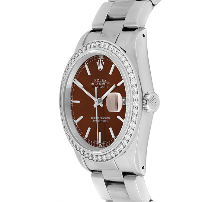 Rolex Datejust 36mm STAINLESS STEEL 16234 Brown Dial | Sticks Hour Markers, 1 ct Diamond Bezel