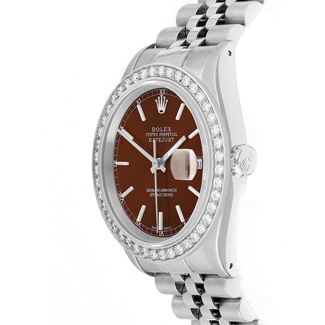 Rolex Datejust 36mm STAINLESS STEEL 16234 Brown Dial | Sticks Hour Markers, 2 ct Diamond Bezel