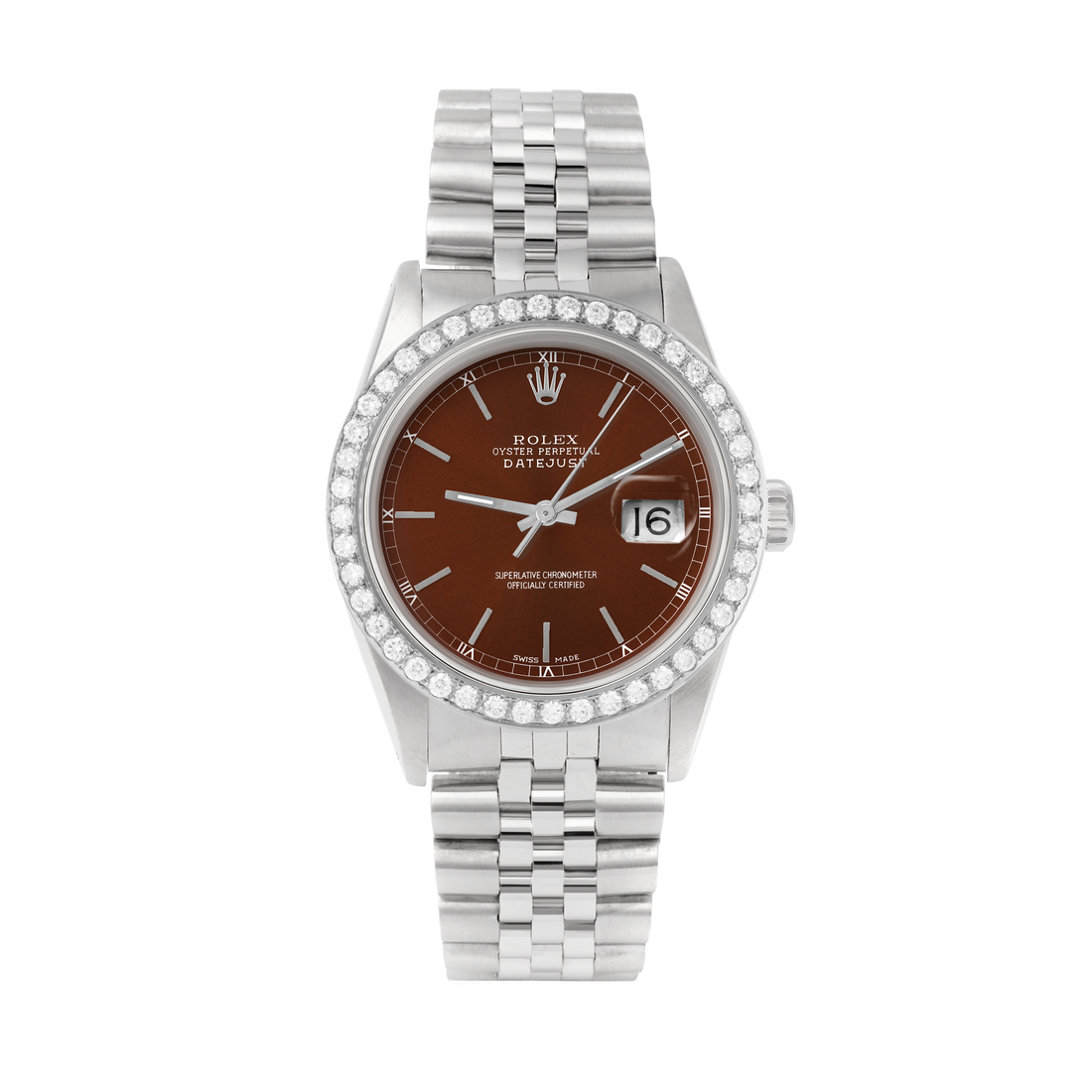 Rolex Datejust 36mm STAINLESS STEEL 16234 Brown Dial | Sticks Hour Markers, 2 ct Diamond Bezel