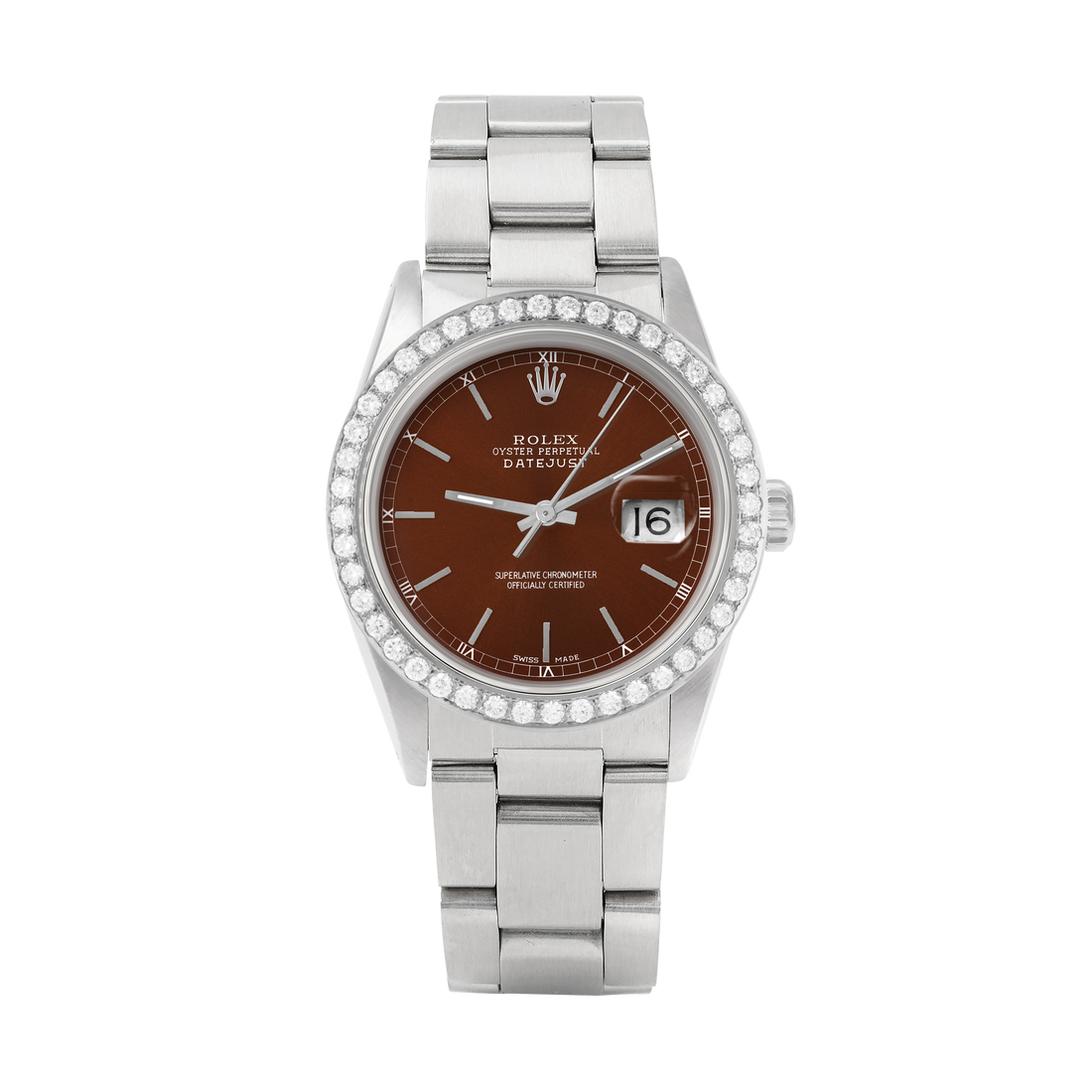 Rolex Datejust 36mm STAINLESS STEEL 16234 Brown Dial | Sticks Hour Markers, 2 ct Diamond Bezel