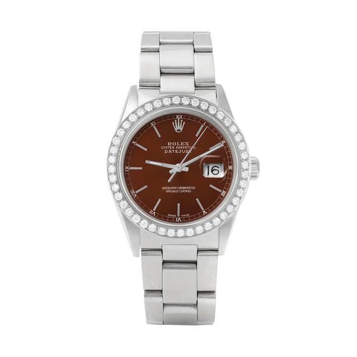 Rolex Datejust 36mm STAINLESS STEEL 16234 Brown Dial | Sticks Hour Markers, 2 ct Diamond Bezel