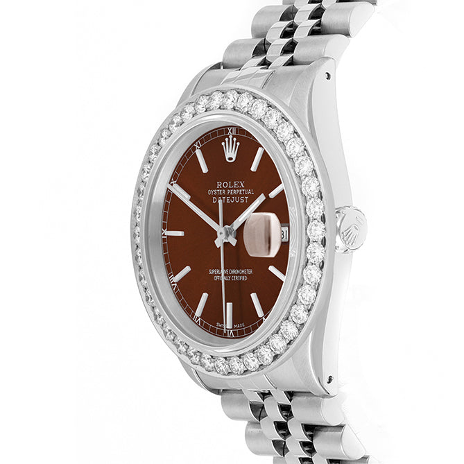 Rolex Datejust 36mm STAINLESS STEEL 16234 Brown Dial | Stick Hour Markers, 2.5ct Diamond Bezel